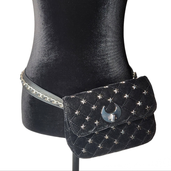 Killstar Handbags - Killstar Star Studded Midnight Moon Velvet Waist Bag Adjustable Belt Black Purse